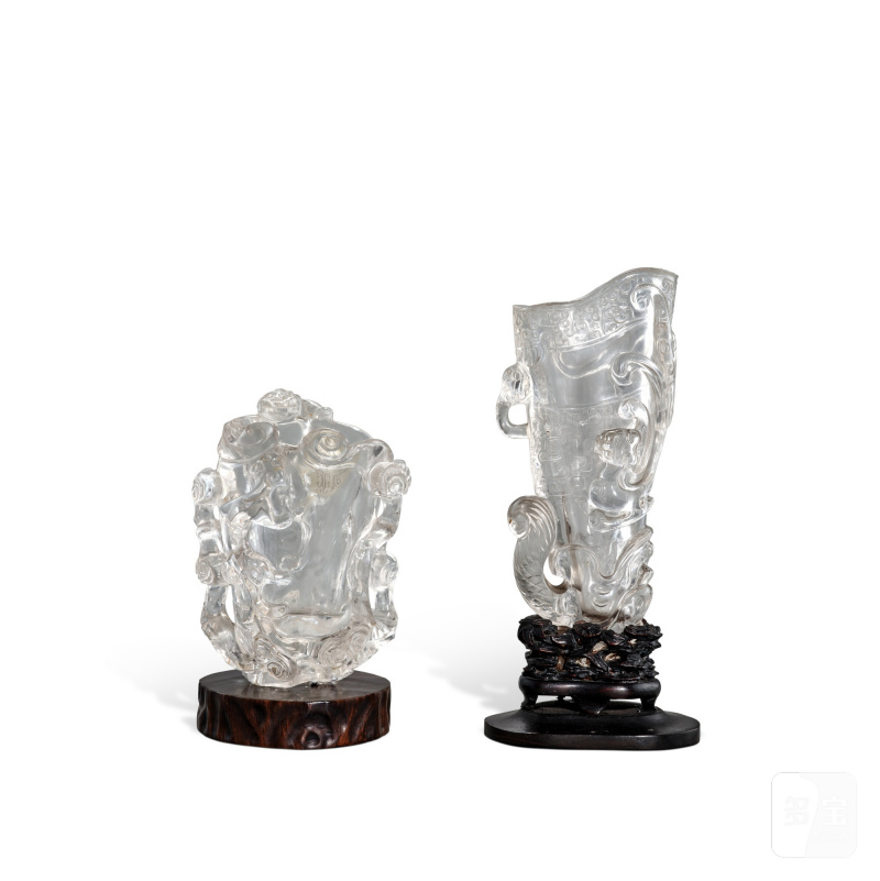 Two rock crystal 'chilong' vases, Qing dynasty, 19th century | 清十九世紀 水晶螭龍紋花插兩件